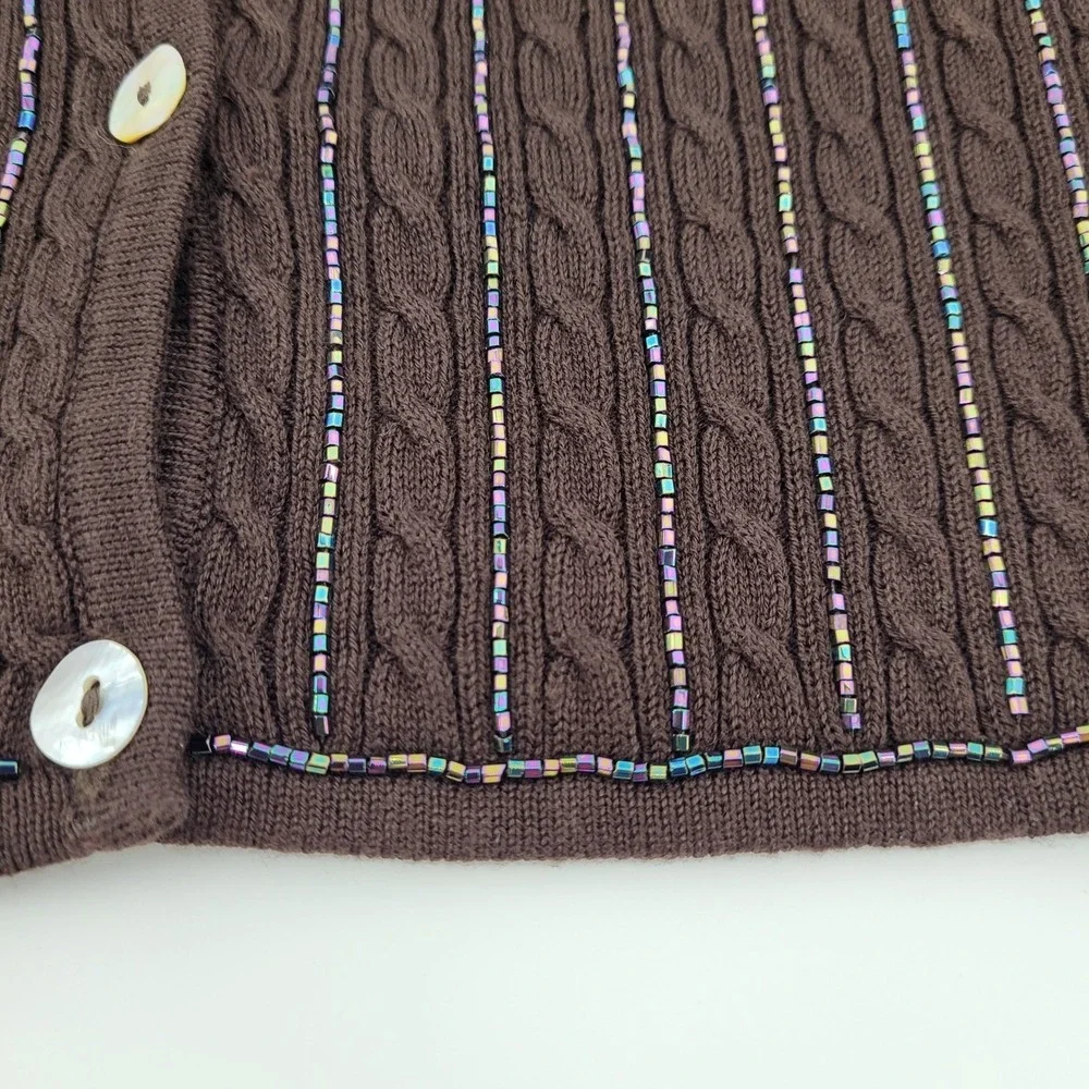 Zelda Womens Small Brown Beaded Cable Knit Cardigan Sweater Rayon Cotton Blend - Picture 7 of 12